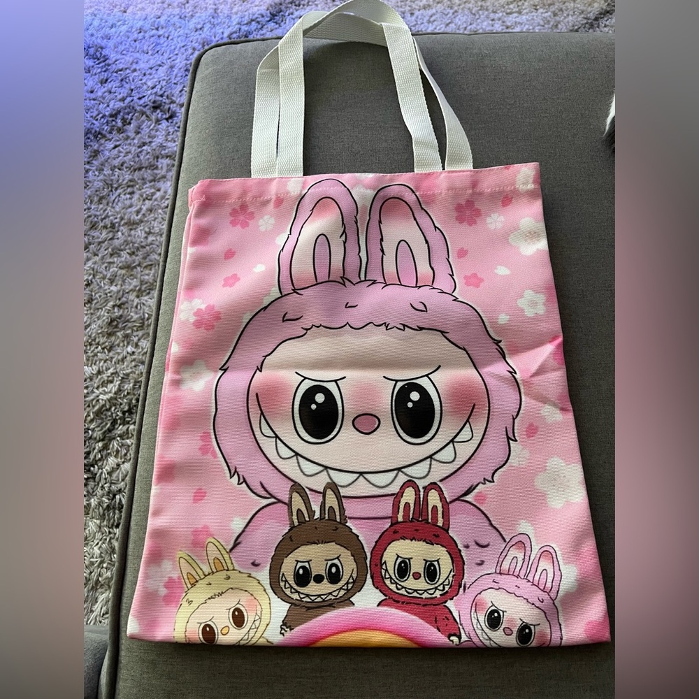 Cute Pink Labubu Canvas Tote Bag